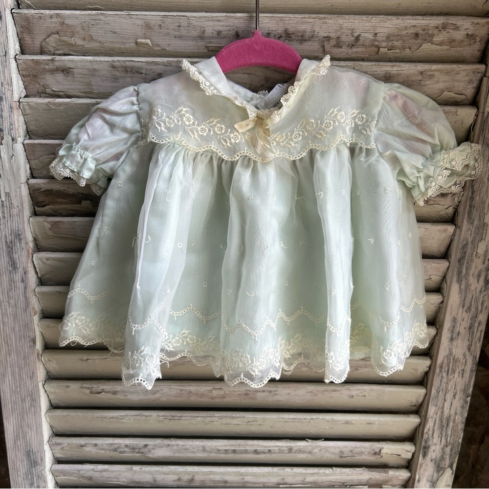 Vintage  50s Honeysuckle Blue Eyelet Embroidered Baby Dress Newborn USA Made.